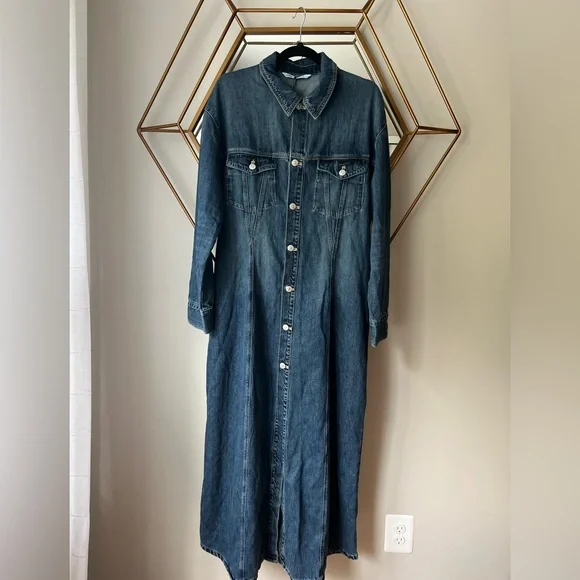 Zara Denim Maxi Dress & Long Blue Jean Jacket Trench Coat Womens XL 10 12 14 - Picture 1 of 12